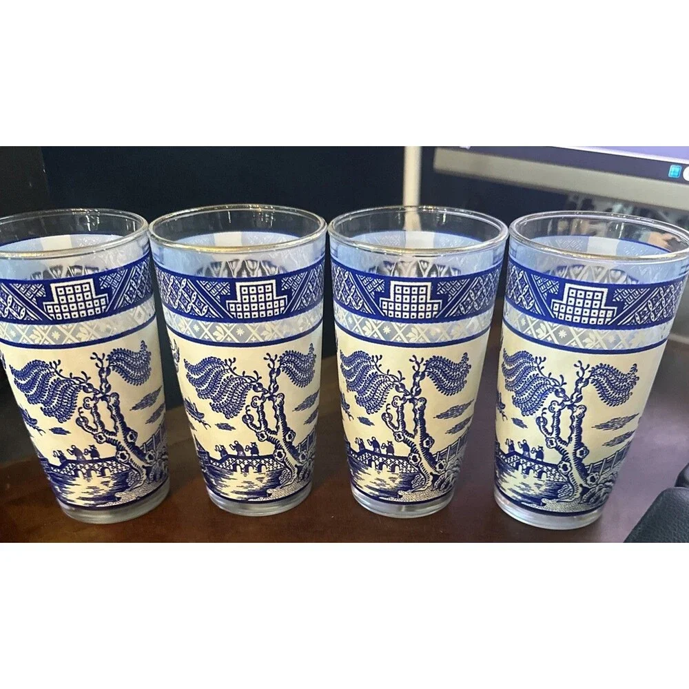 VTG ASIAN Blue Willow DRINKING TUMBLER GLASSES Set 4 Blue & White Birds Pagodas